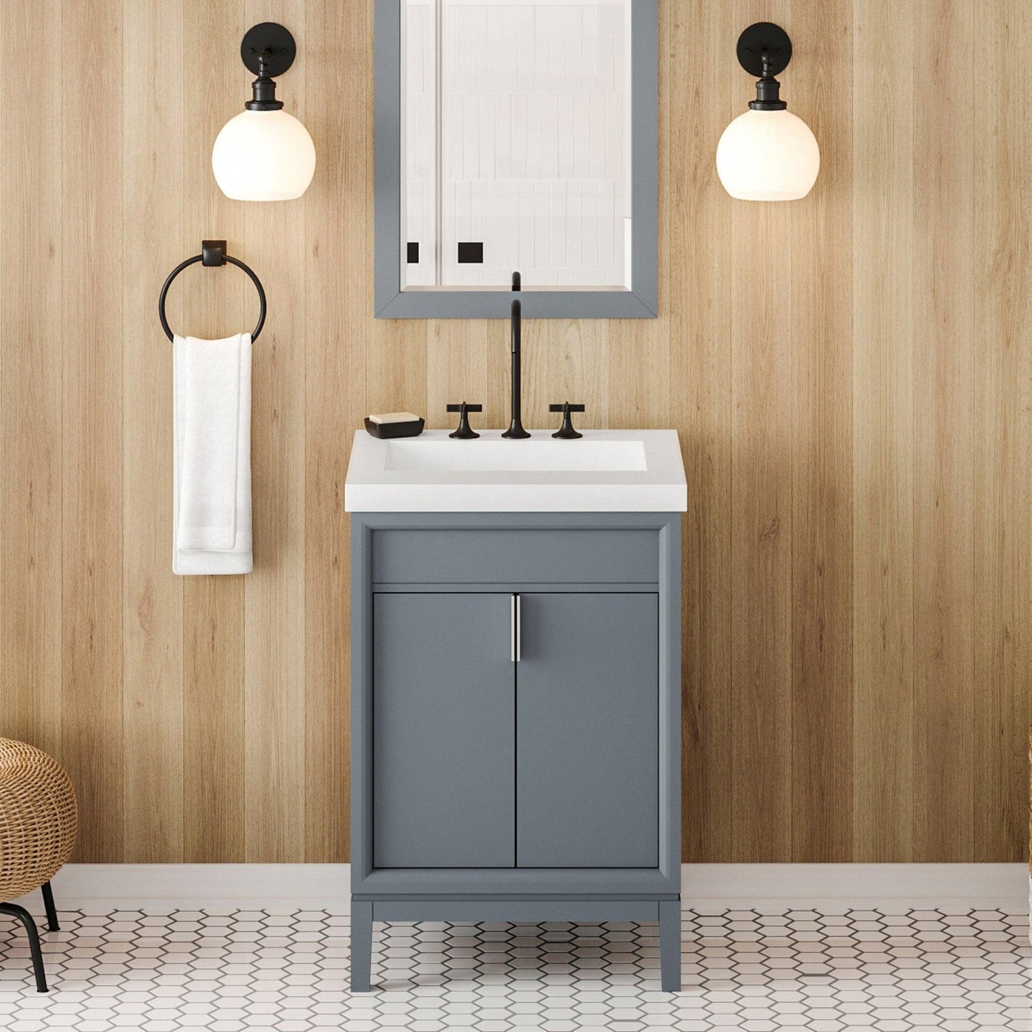 Hardware Resources Jeffrey Alexander Theodora 24" Blue Steel Freestanding Vanity With Lavante Cultured Marble Vessel Vanity Top, Backsplash and Rectangle Undermount Sink