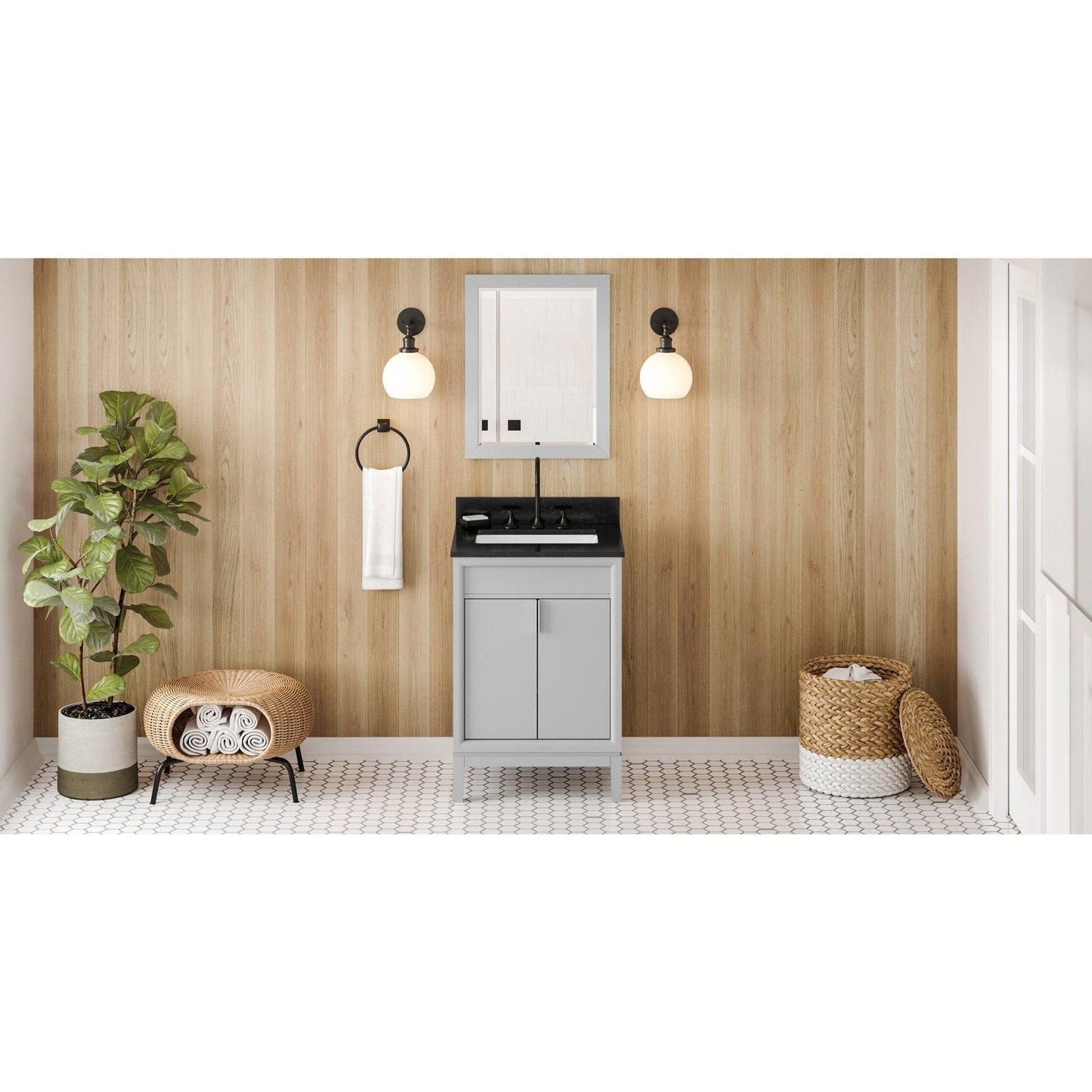 Hardware Resources Jeffrey Alexander Theodora 24" Grey Freestanding Vanity With Black Granite Vanity Top, Backsplash and Rectangle Undermount Sink