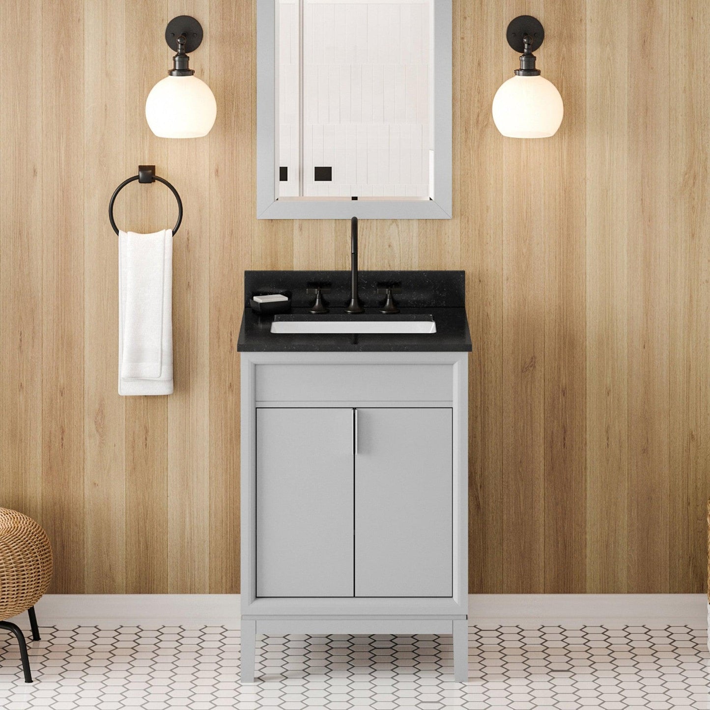 Hardware Resources Jeffrey Alexander Theodora 24" Grey Freestanding Vanity With Black Granite Vanity Top, Backsplash and Rectangle Undermount Sink