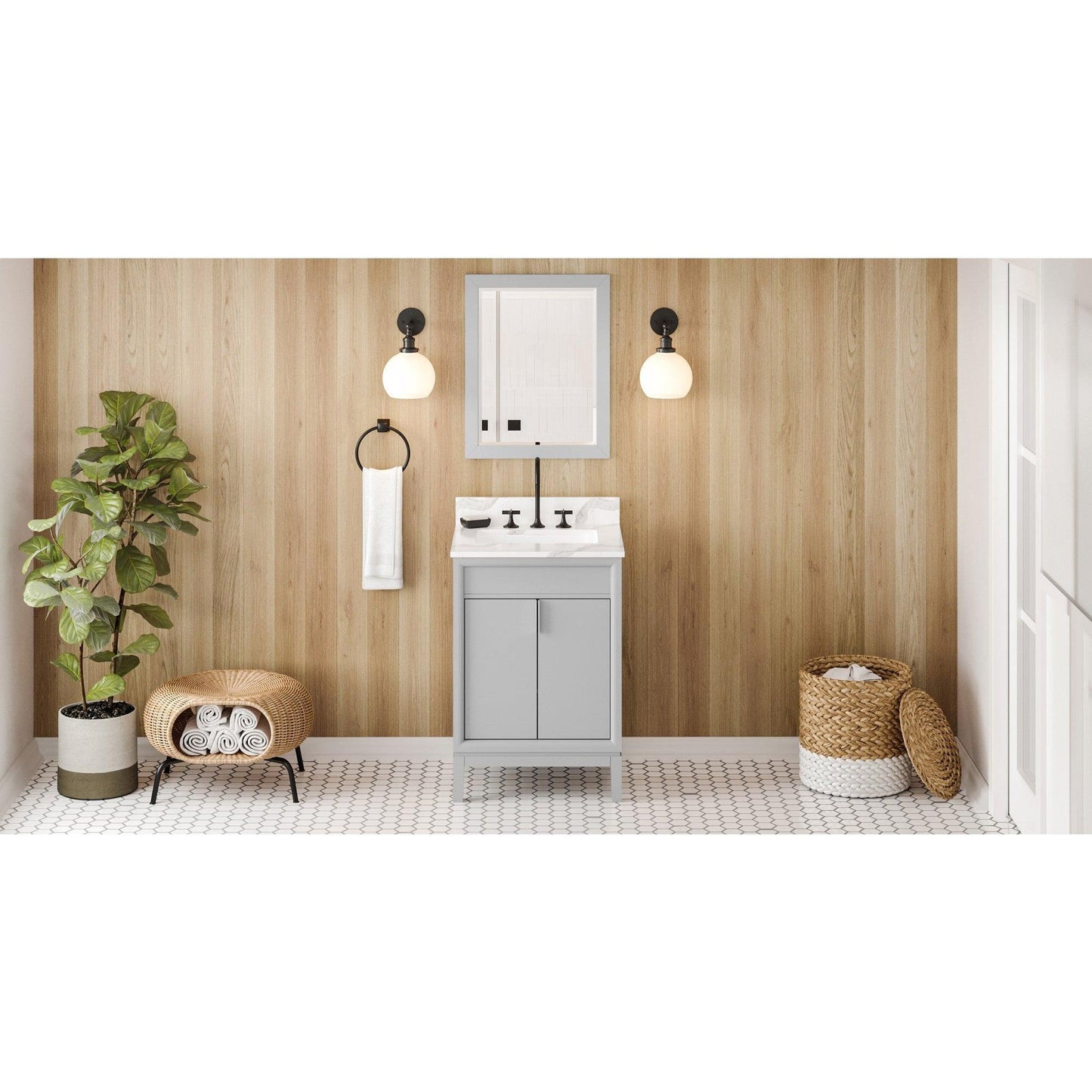 Hardware Resources Jeffrey Alexander Theodora 24" Grey Freestanding Vanity With Calacatta Vienna Quartz Vanity Top, Backsplash and Rectangle Undermount Sink