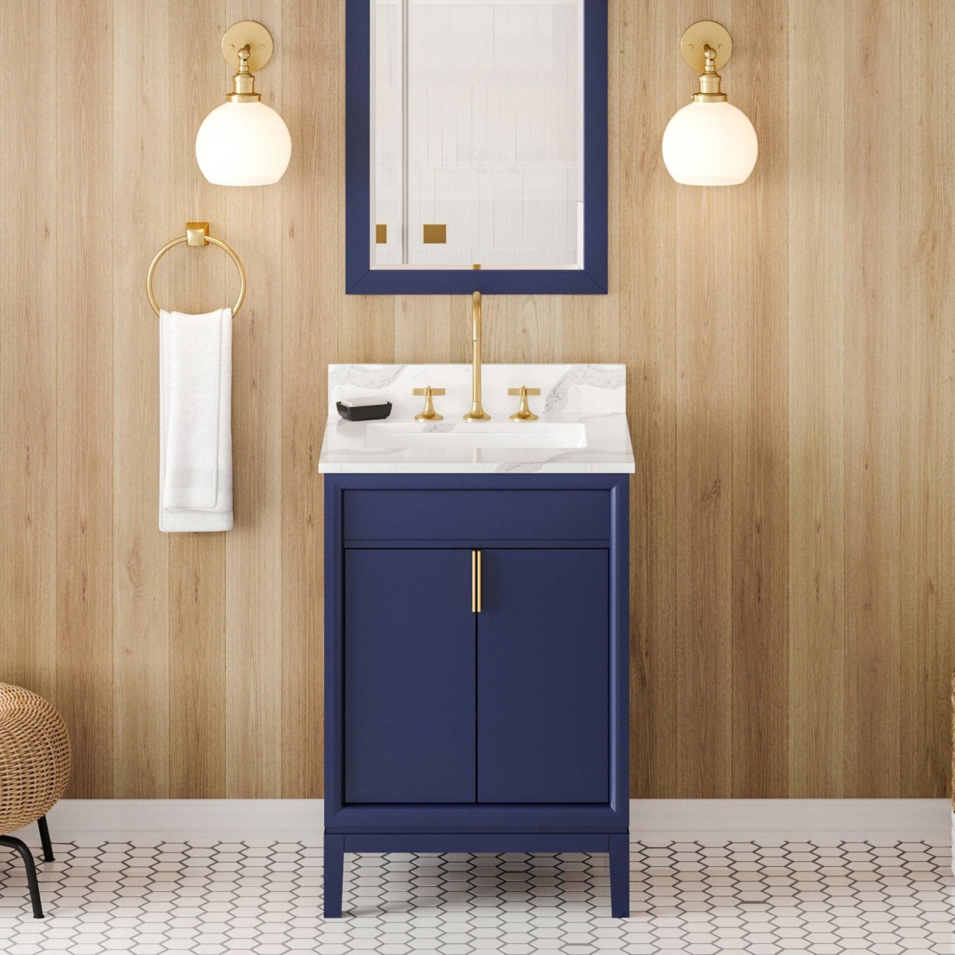 Hardware Resources Jeffrey Alexander Theodora 24" Hale Blue Freestanding Vanity With Calacatta Vienna Quartz Vanity Top, Backsplash and Rectangle Undermount Sink