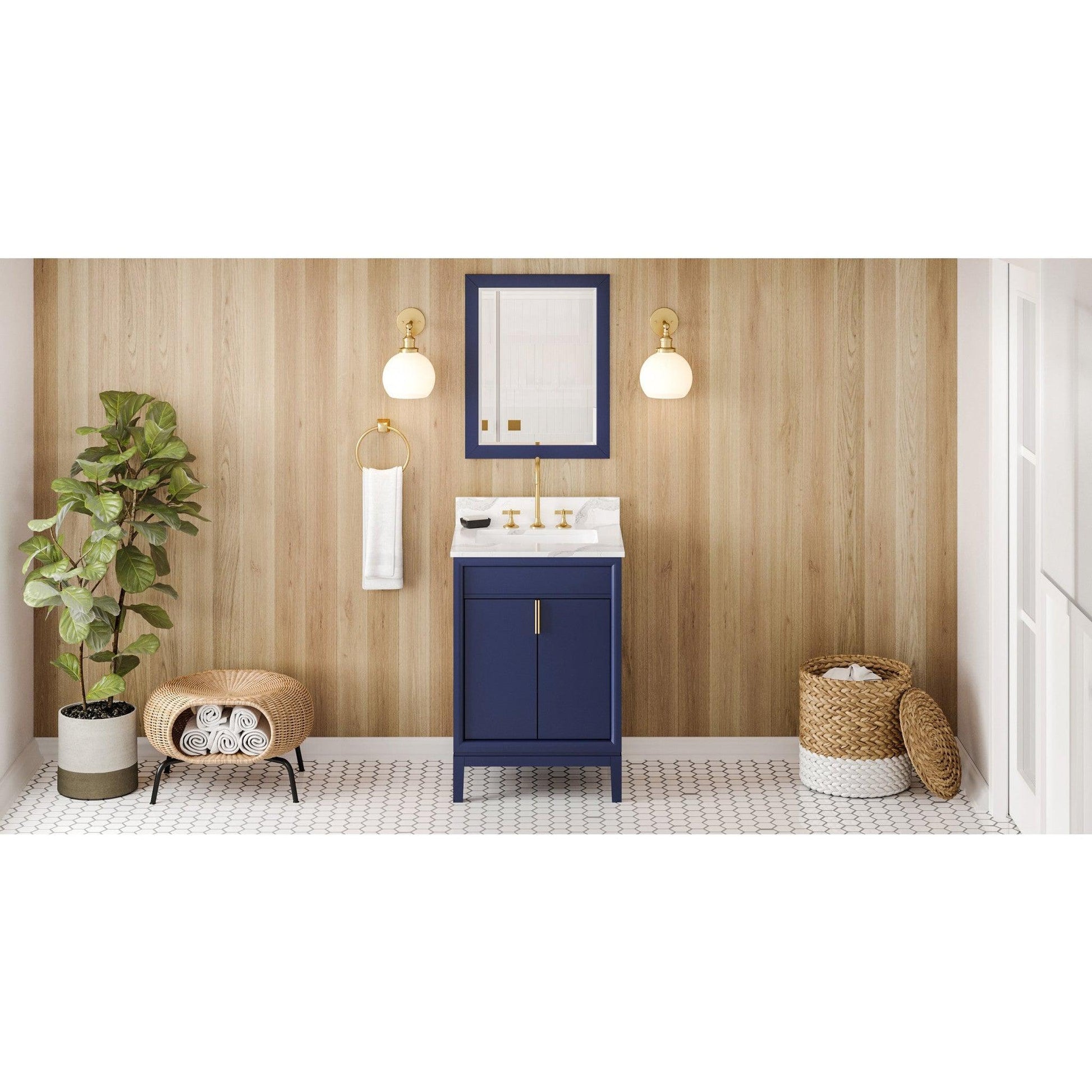 Hardware Resources Jeffrey Alexander Theodora 24" Hale Blue Freestanding Vanity With Calacatta Vienna Quartz Vanity Top, Backsplash and Rectangle Undermount Sink