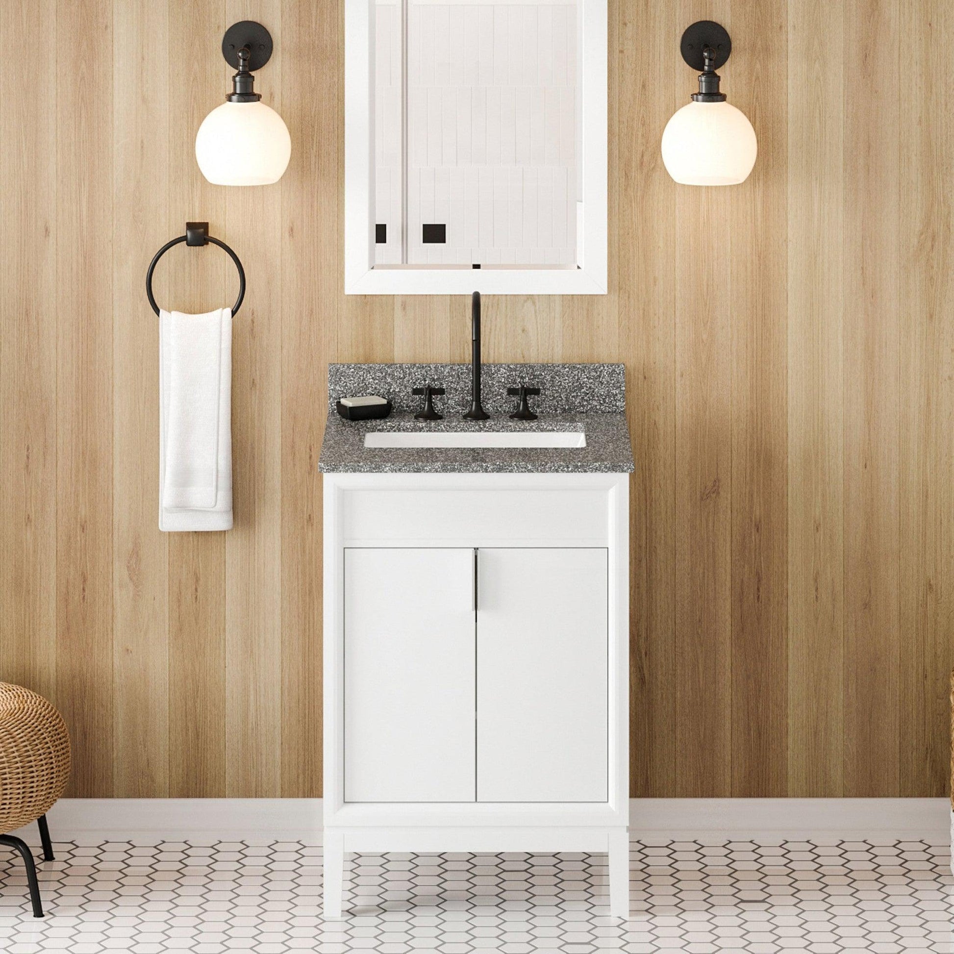 Hardware Resources Jeffrey Alexander Theodora 24" White Freestanding Vanity With Boulder Cultured Marble Vanity Top, Backsplash and Rectangle Undermount Sink