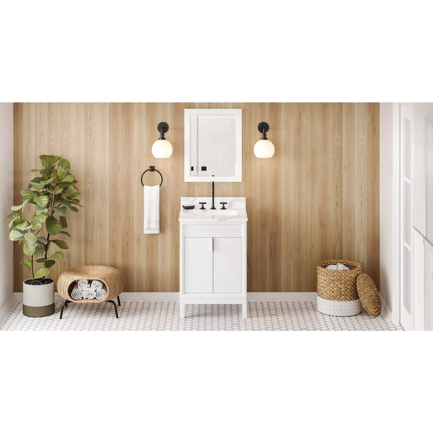 Hardware Resources Jeffrey Alexander Theodora 24" White Freestanding Vanity With Calacatta Vienna Quartz Vanity Top, Backsplash and Rectangle Undermount Sink