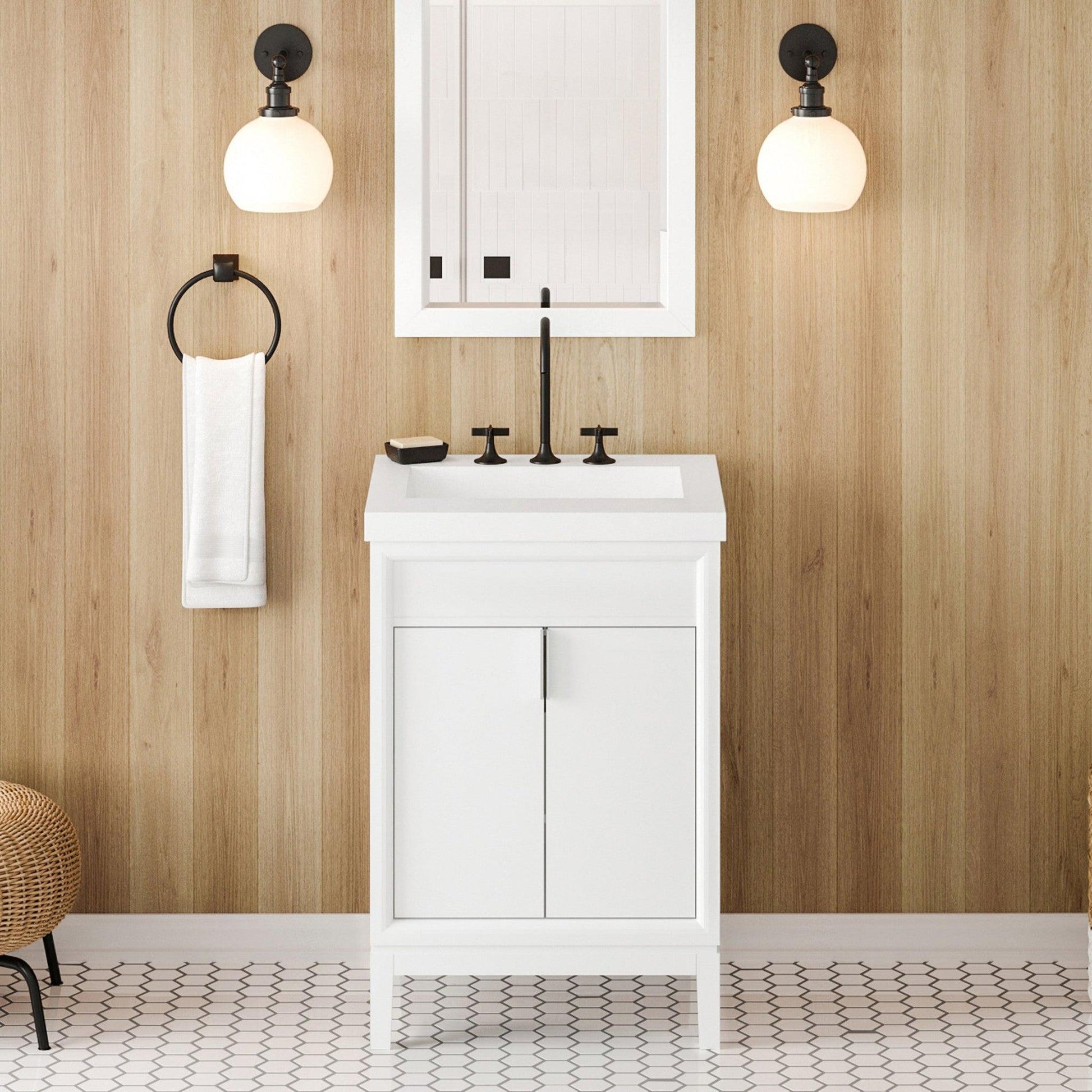 Hardware Resources Jeffrey Alexander Theodora 24" White Freestanding Vanity With Lavante Cultured Marble Vessel Vanity Top, Backsplash and Rectangle Undermount Sink