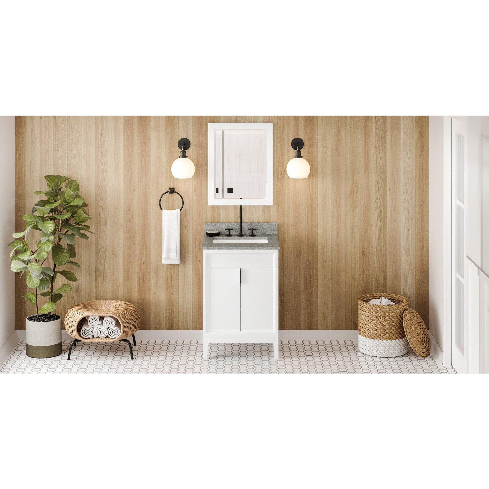 Hardware Resources Jeffrey Alexander Theodora 24" White Freestanding Vanity With Steel Gray Cultured Marble Vanity Top, Backsplash and Rectangle Undermount Sink