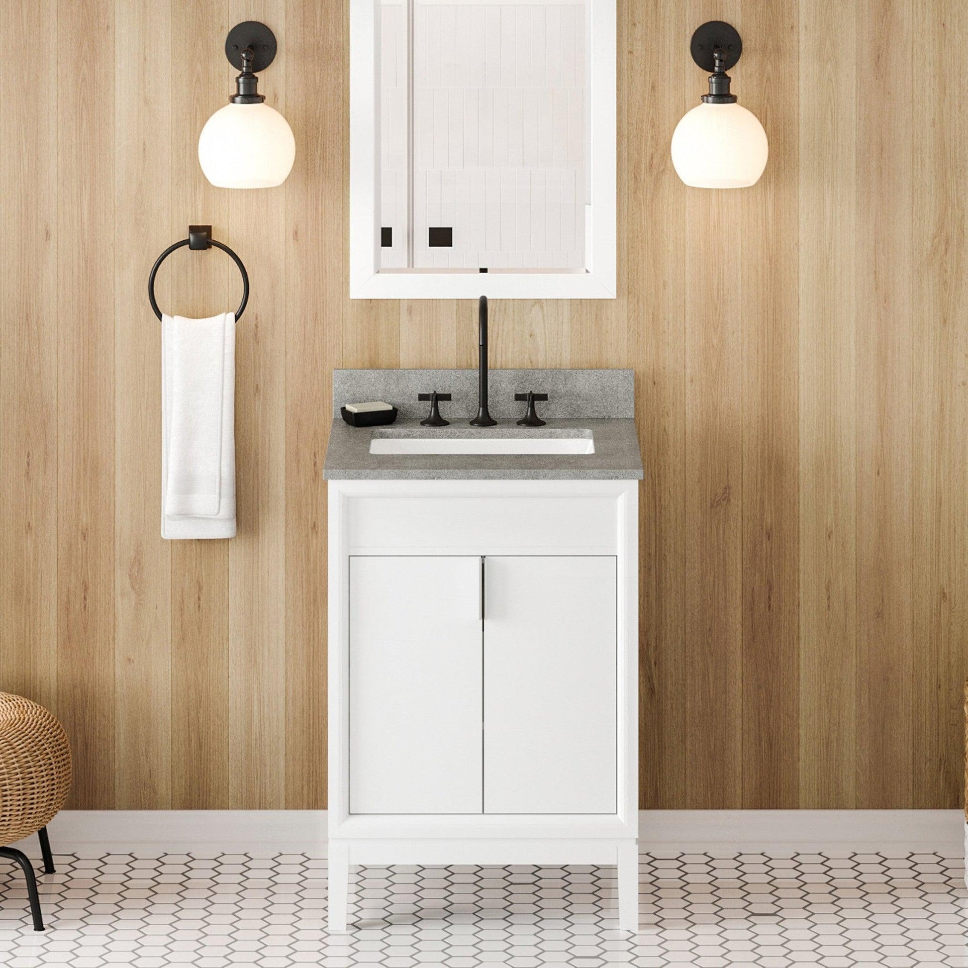 Hardware Resources Jeffrey Alexander Theodora 24" White Freestanding Vanity With Steel Gray Cultured Marble Vanity Top, Backsplash and Rectangle Undermount Sink