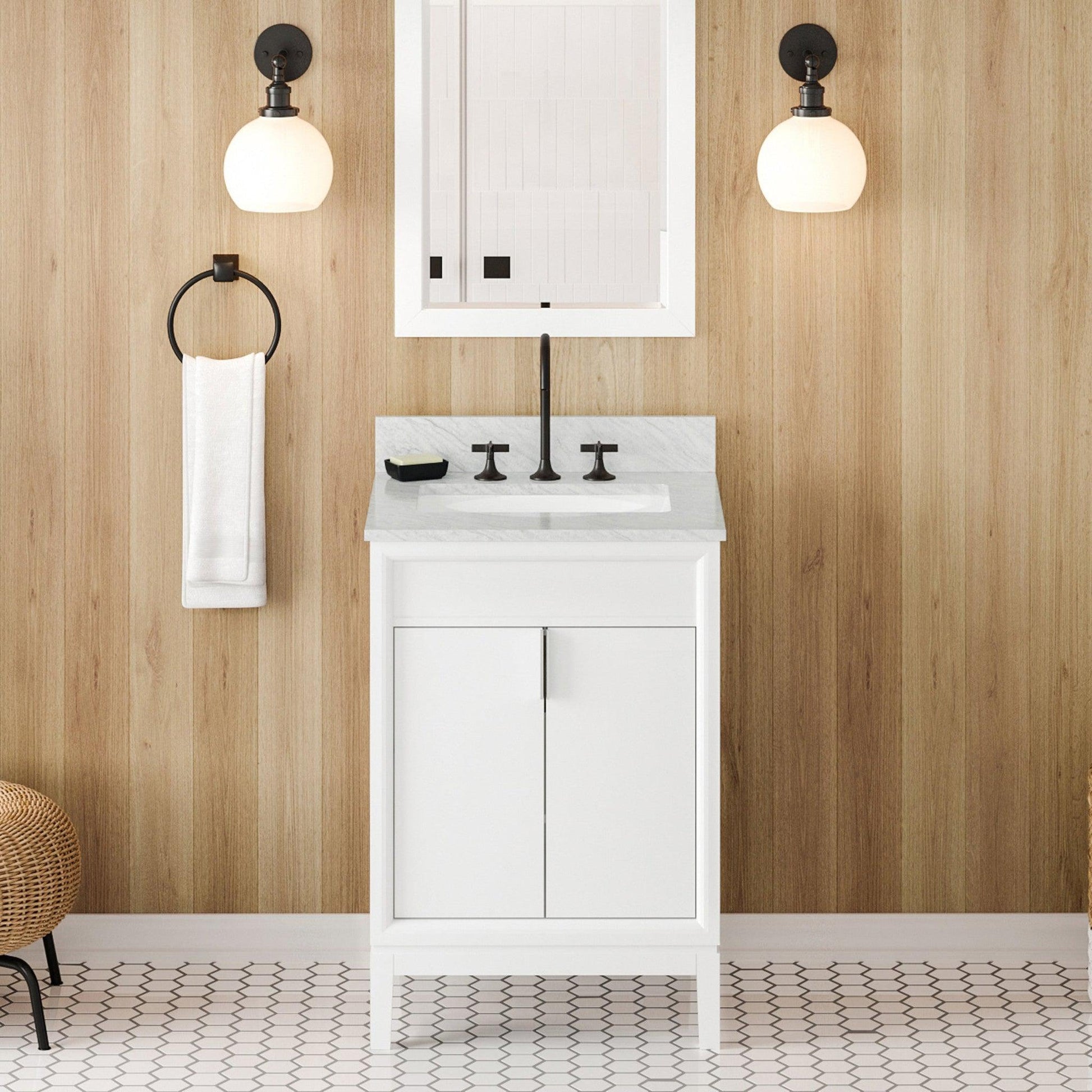 Hardware Resources Jeffrey Alexander Theodora 24" White Freestanding Vanity With White Carrara Marble Vanity Top, Backsplash and Rectangle Undermount Sink