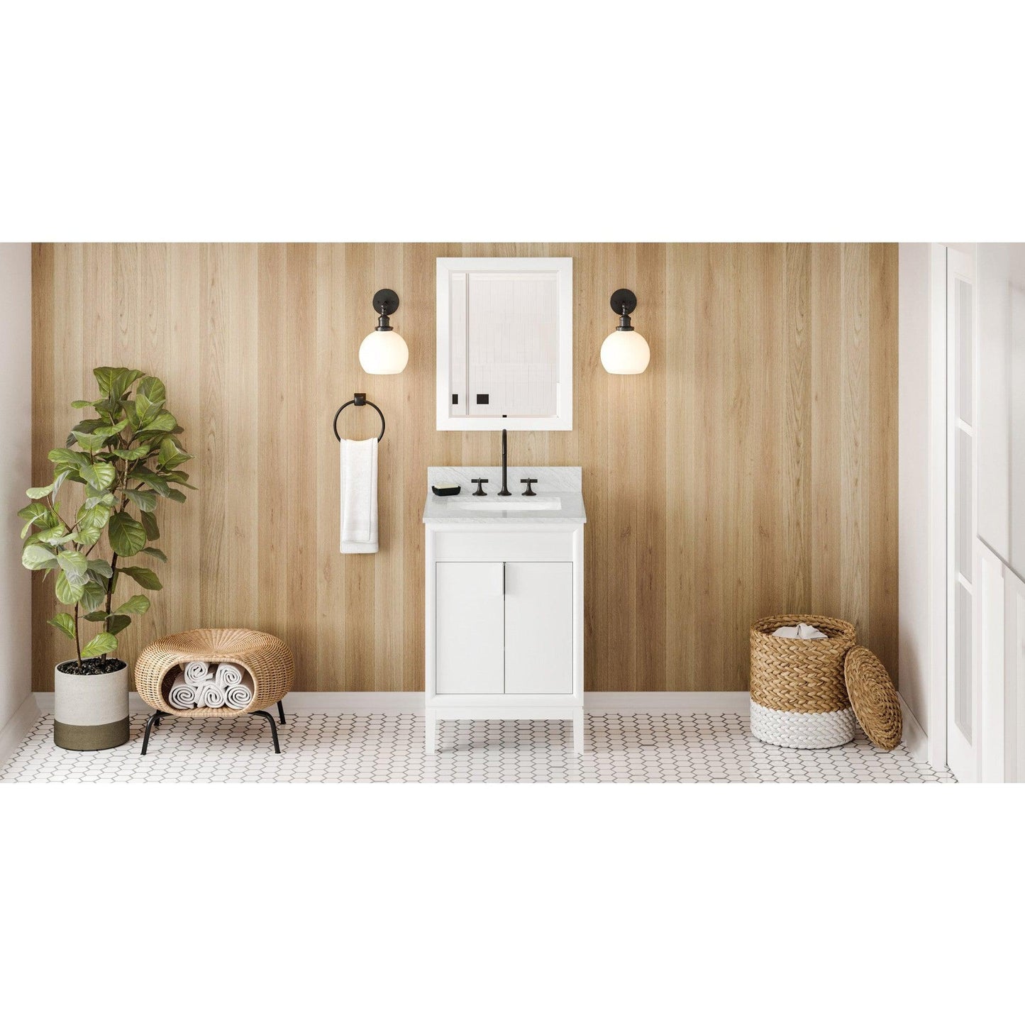 Hardware Resources Jeffrey Alexander Theodora 24" White Freestanding Vanity With White Carrara Marble Vanity Top, Backsplash and Rectangle Undermount Sink