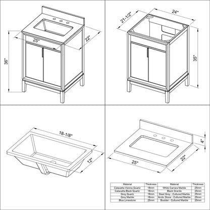 Hardware Resources Jeffrey Alexander Theodora 24" White Freestanding Vanity With White Carrara Marble Vanity Top, Backsplash and Rectangle Undermount Sink