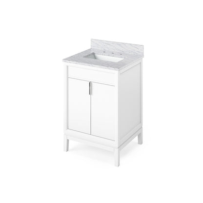 Hardware Resources Jeffrey Alexander Theodora 24" White Freestanding Vanity With White Carrara Marble Vanity Top, Backsplash and Rectangle Undermount Sink