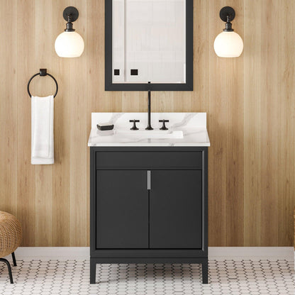 Hardware Resources Jeffrey Alexander Theodora 30" Black Freestanding Vanity With Calacatta Vienna Quartz Vanity Top, Backsplash and Rectangle Undermount Sink