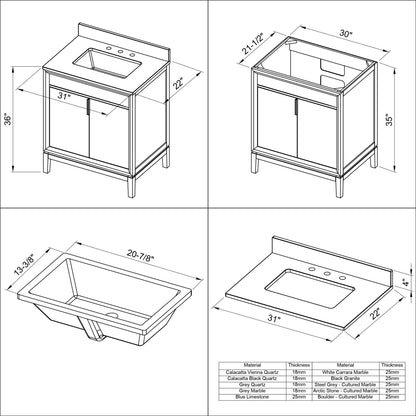 Hardware Resources Jeffrey Alexander Theodora 30" Black Freestanding Vanity With Calacatta Vienna Quartz Vanity Top, Backsplash and Rectangle Undermount Sink