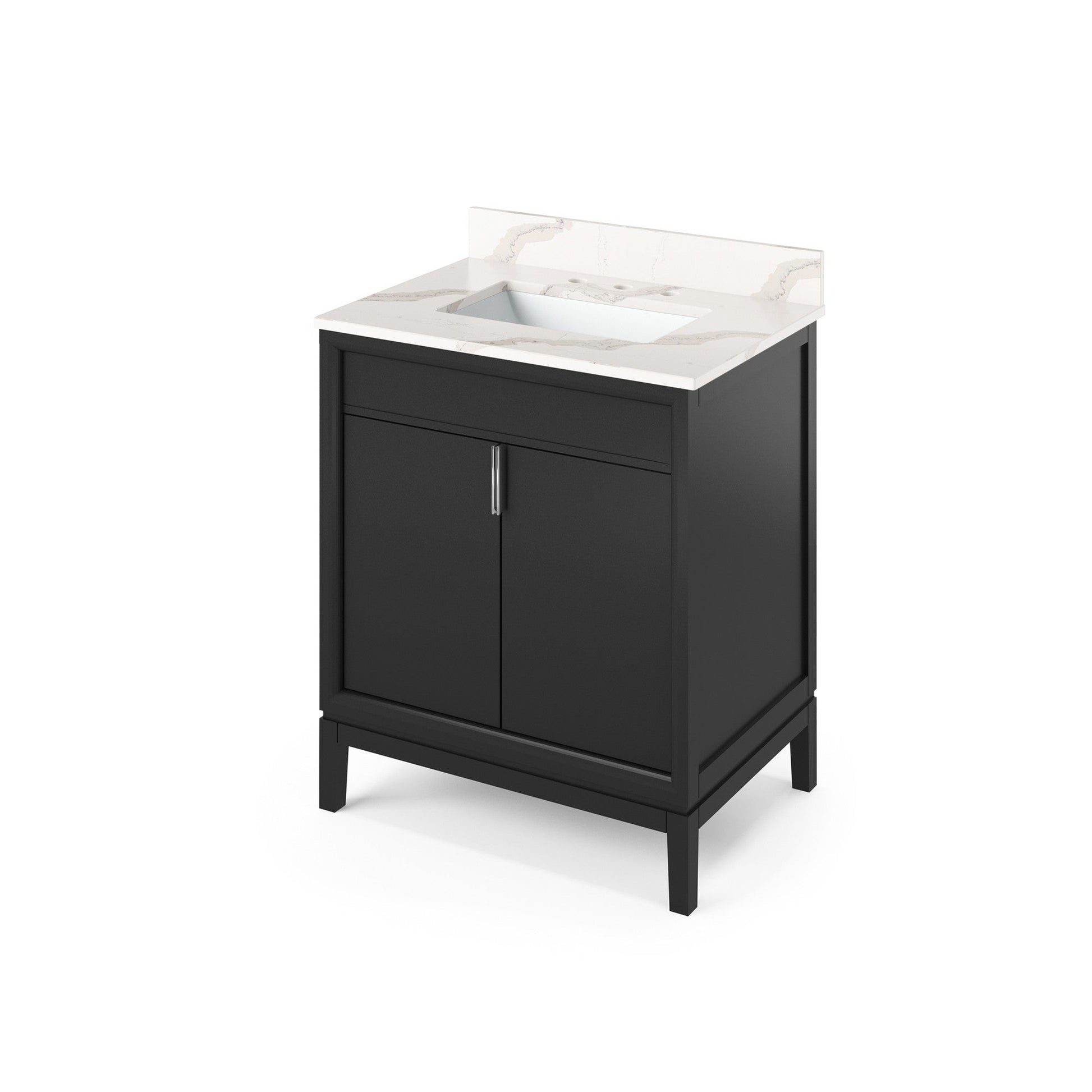 Hardware Resources Jeffrey Alexander Theodora 30" Black Freestanding Vanity With Calacatta Vienna Quartz Vanity Top, Backsplash and Rectangle Undermount Sink