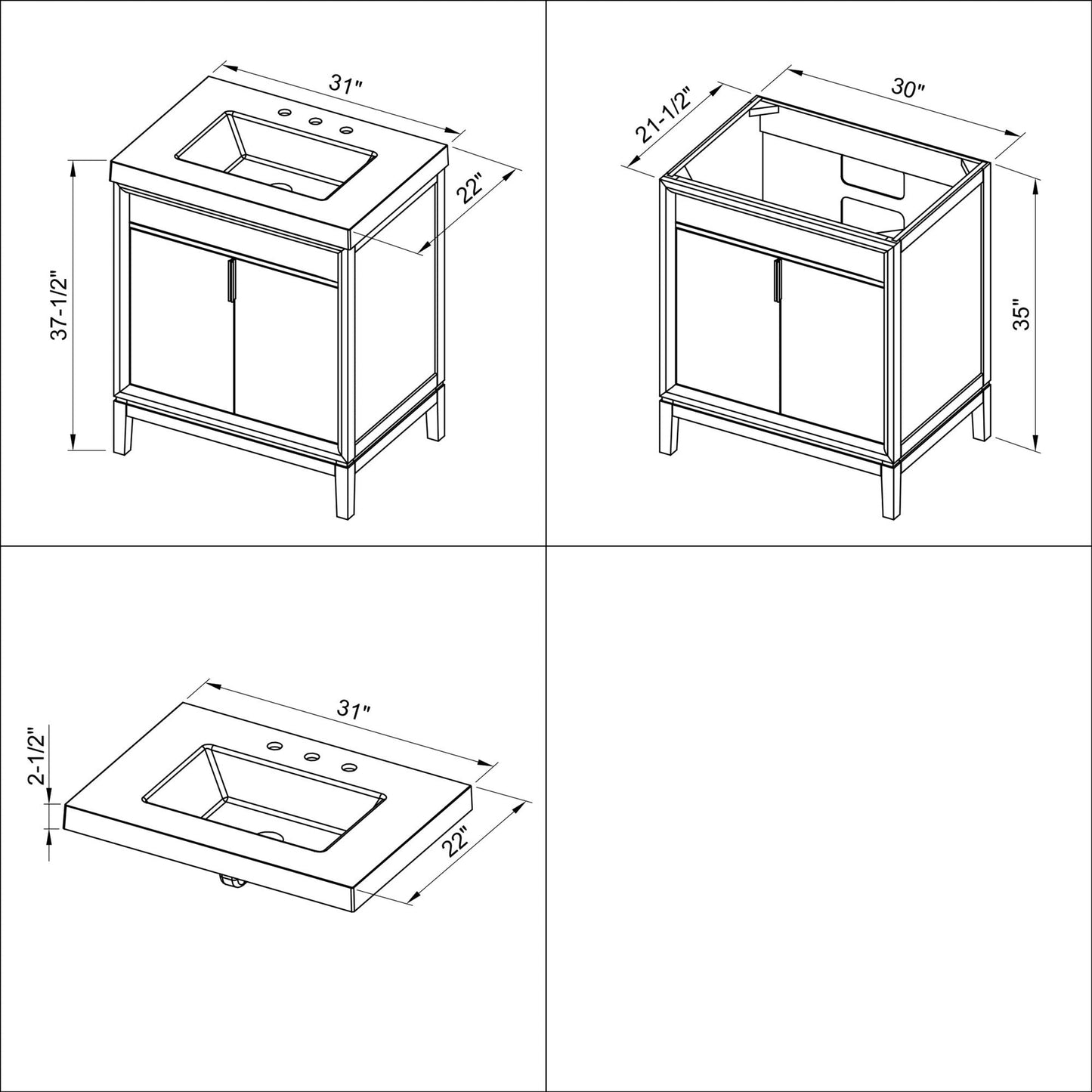 Hardware Resources Jeffrey Alexander Theodora 30" Black Freestanding Vanity With Lavante Cultured Marble Vessel Vanity Top, Backsplash and Rectangle Undermount Sink