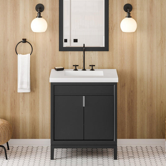 Hardware Resources Jeffrey Alexander Theodora 30" Black Freestanding Vanity With Lavante Cultured Marble Vessel Vanity Top, Backsplash and Rectangle Undermount Sink