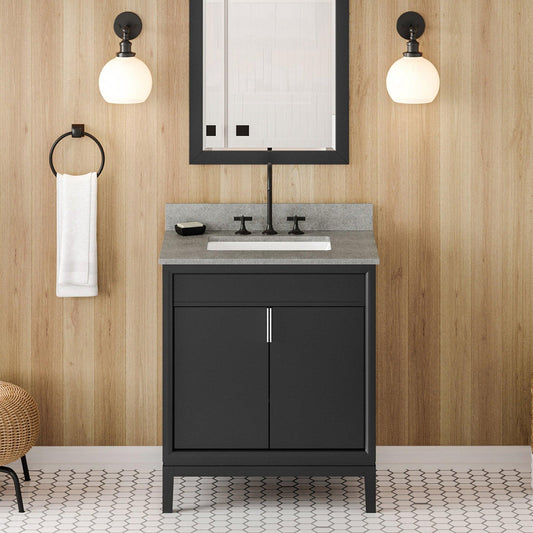 Hardware Resources Jeffrey Alexander Theodora 30" Black Freestanding Vanity With Steel Gray Cultured Marble Vanity Top, Backsplash and Rectangle Undermount Sink