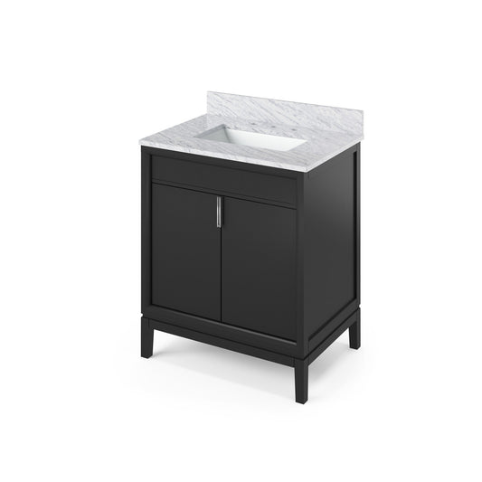 Hardware Resources Jeffrey Alexander Theodora 30" Black Freestanding Vanity With White Carrara Marble Vanity Top, Backsplash and Rectangle Undermount Sink