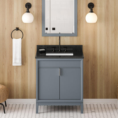 Hardware Resources Jeffrey Alexander Theodora 30" Blue Steel Freestanding Vanity With Black Granite Vanity Top, Backsplash and Rectangle Undermount Sink