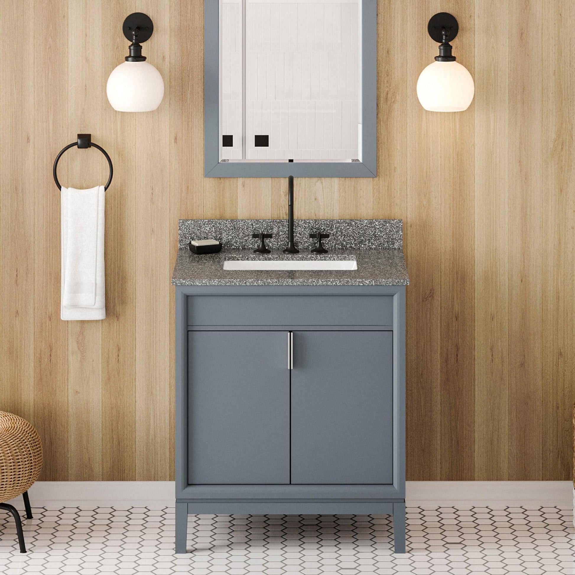 Hardware Resources Jeffrey Alexander Theodora 30" Blue Steel Freestanding Vanity With Boulder Cultured Marble Vanity Top, Backsplash and Rectangle Undermount Sink