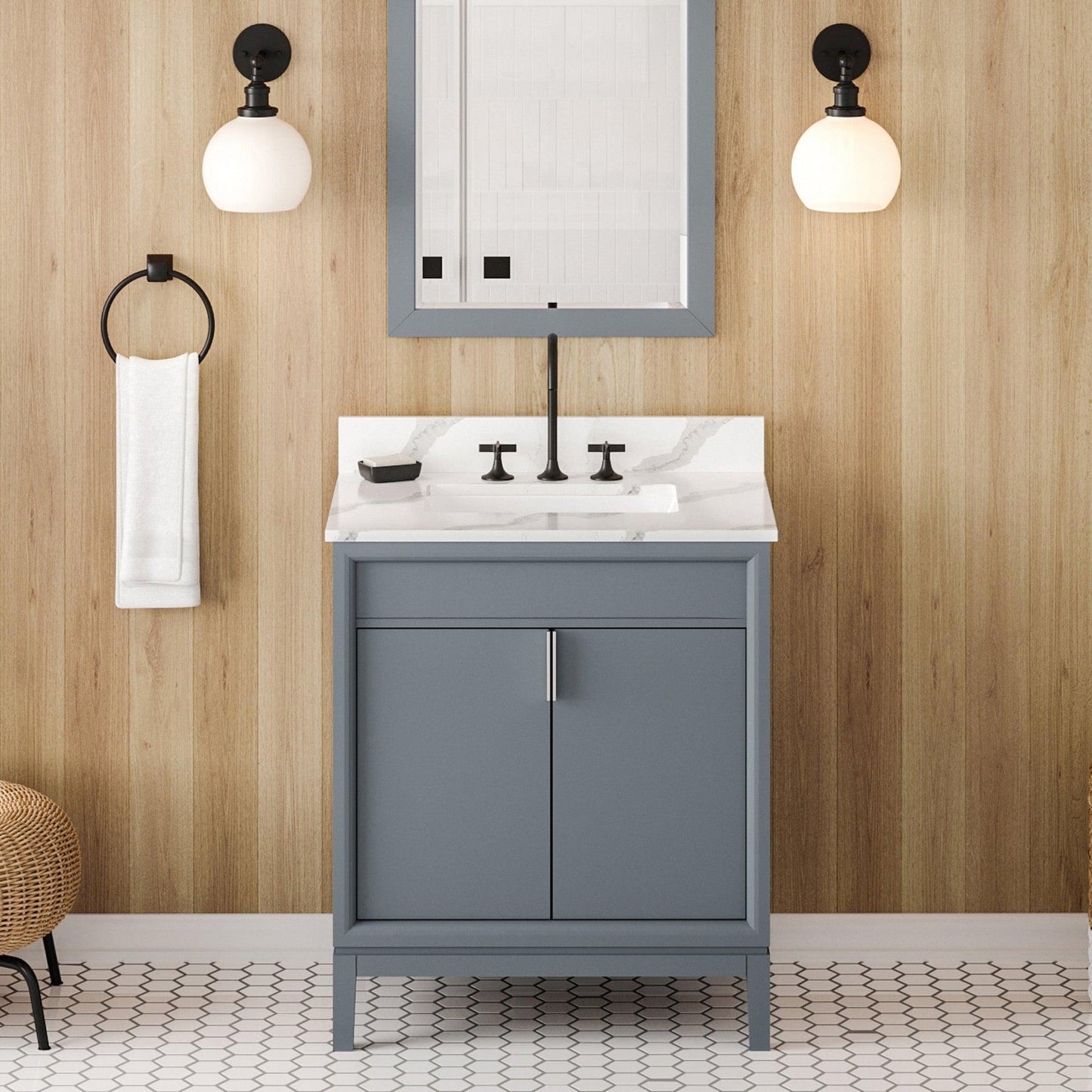 Hardware Resources Jeffrey Alexander Theodora 30" Blue Steel Freestanding Vanity With Calacatta Vienna Quartz Vanity Top, Backsplash and Rectangle Undermount Sink