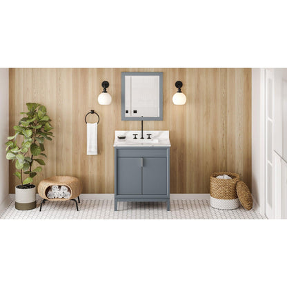 Hardware Resources Jeffrey Alexander Theodora 30" Blue Steel Freestanding Vanity With Calacatta Vienna Quartz Vanity Top, Backsplash and Rectangle Undermount Sink