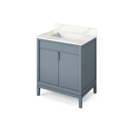 Hardware Resources Jeffrey Alexander Theodora 30" Blue Steel Freestanding Vanity With Calacatta Vienna Quartz Vanity Top, Backsplash and Rectangle Undermount Sink