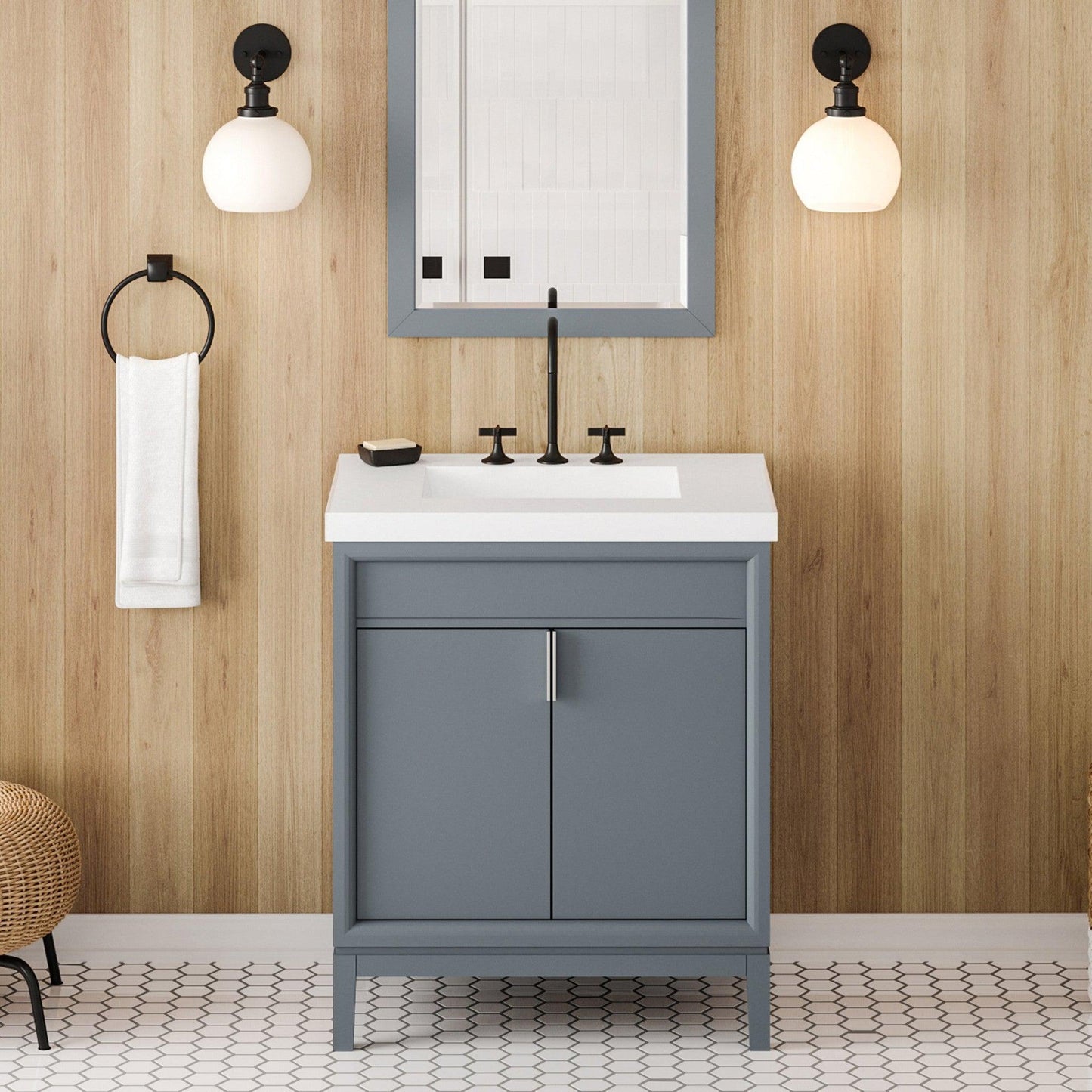 Hardware Resources Jeffrey Alexander Theodora 30" Blue Steel Freestanding Vanity With Lavante Cultured Marble Vessel Vanity Top, Backsplash and Rectangle Undermount Sink