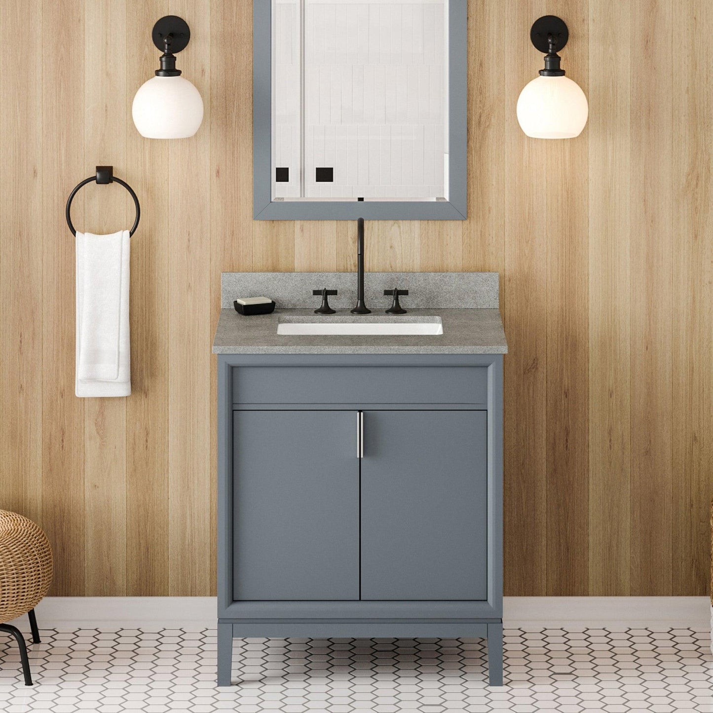 Hardware Resources Jeffrey Alexander Theodora 30" Blue Steel Freestanding Vanity With Steel Gray Cultured Marble Vanity Top, Backsplash and Rectangle Undermount Sink