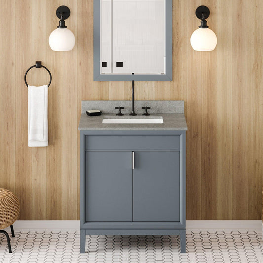 Hardware Resources Jeffrey Alexander Theodora 30" Blue Steel Freestanding Vanity With Steel Gray Cultured Marble Vanity Top, Backsplash and Rectangle Undermount Sink