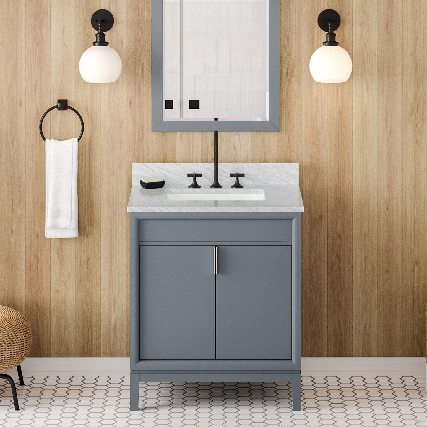 Hardware Resources Jeffrey Alexander Theodora 30" Blue Steel Freestanding Vanity With White Carrara Marble Vanity Top, Backsplash and Rectangle Undermount Sink