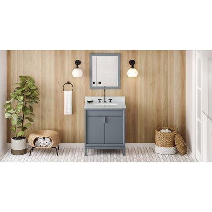 Hardware Resources Jeffrey Alexander Theodora 30" Blue Steel Freestanding Vanity With White Carrara Marble Vanity Top, Backsplash and Rectangle Undermount Sink