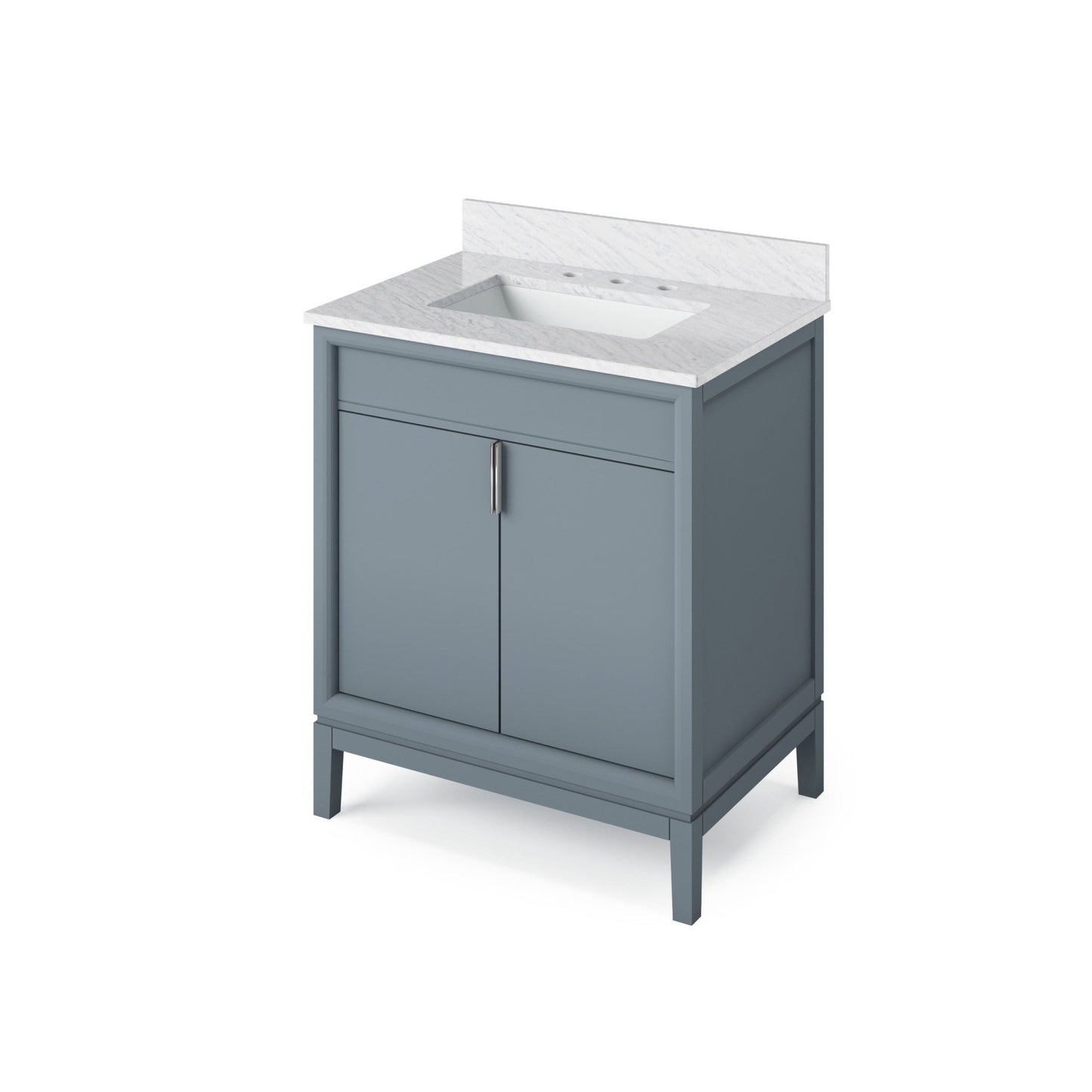 Hardware Resources Jeffrey Alexander Theodora 30" Blue Steel Freestanding Vanity With White Carrara Marble Vanity Top, Backsplash and Rectangle Undermount Sink