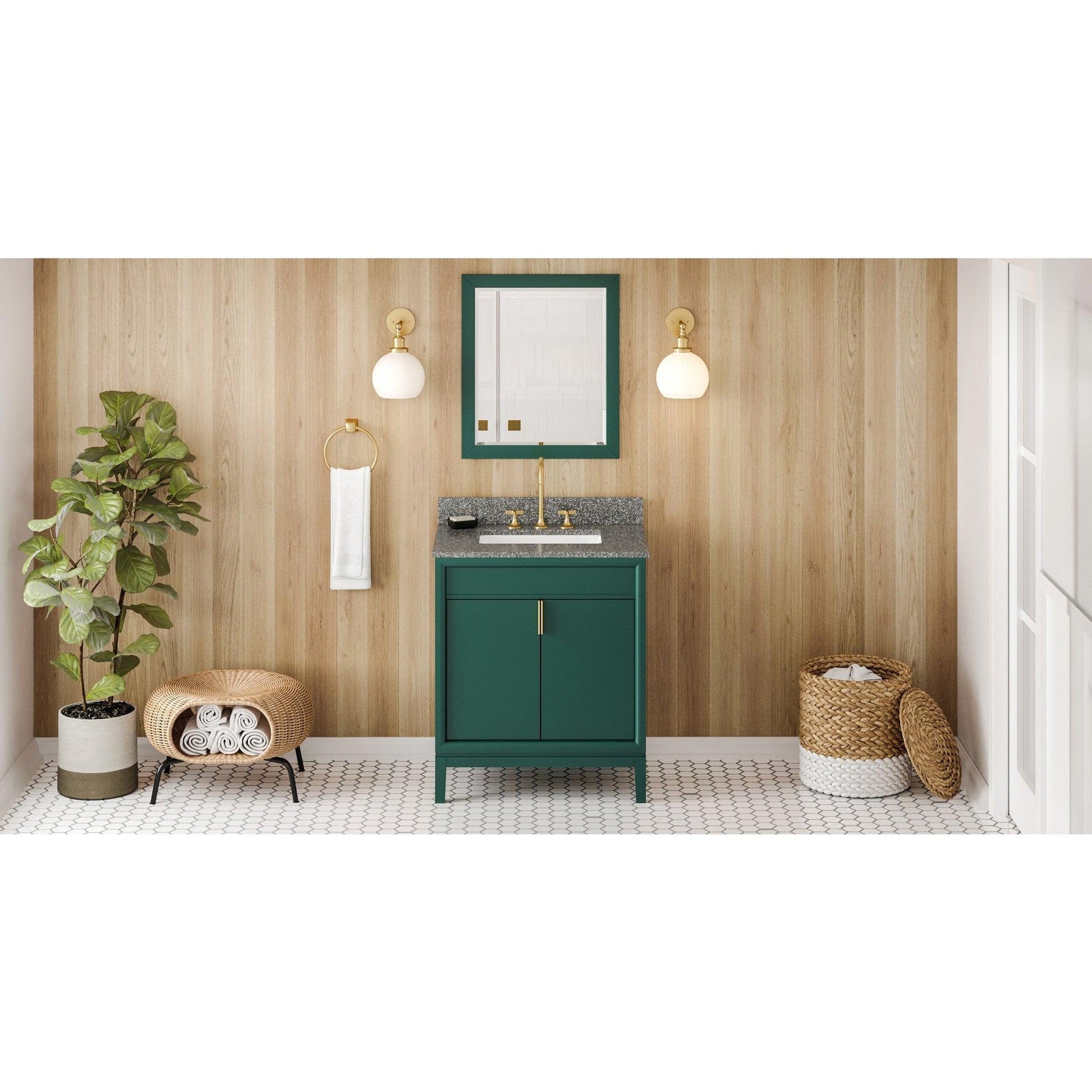 Hardware Resources Jeffrey Alexander Theodora 30" Green Freestanding Vanity With Boulder Cultured Marble Vanity Top, Backsplash and Rectangle Undermount Sink