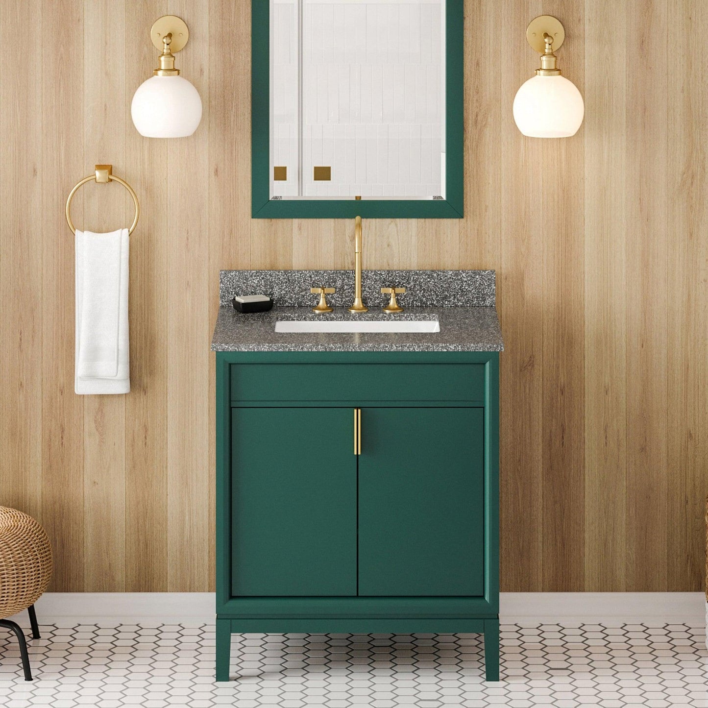 Hardware Resources Jeffrey Alexander Theodora 30" Green Freestanding Vanity With Boulder Cultured Marble Vanity Top, Backsplash and Rectangle Undermount Sink