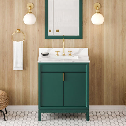 Hardware Resources Jeffrey Alexander Theodora 30" Green Freestanding Vanity With Calacatta Vienna Quartz Vanity Top, Backsplash and Rectangle Undermount Sink