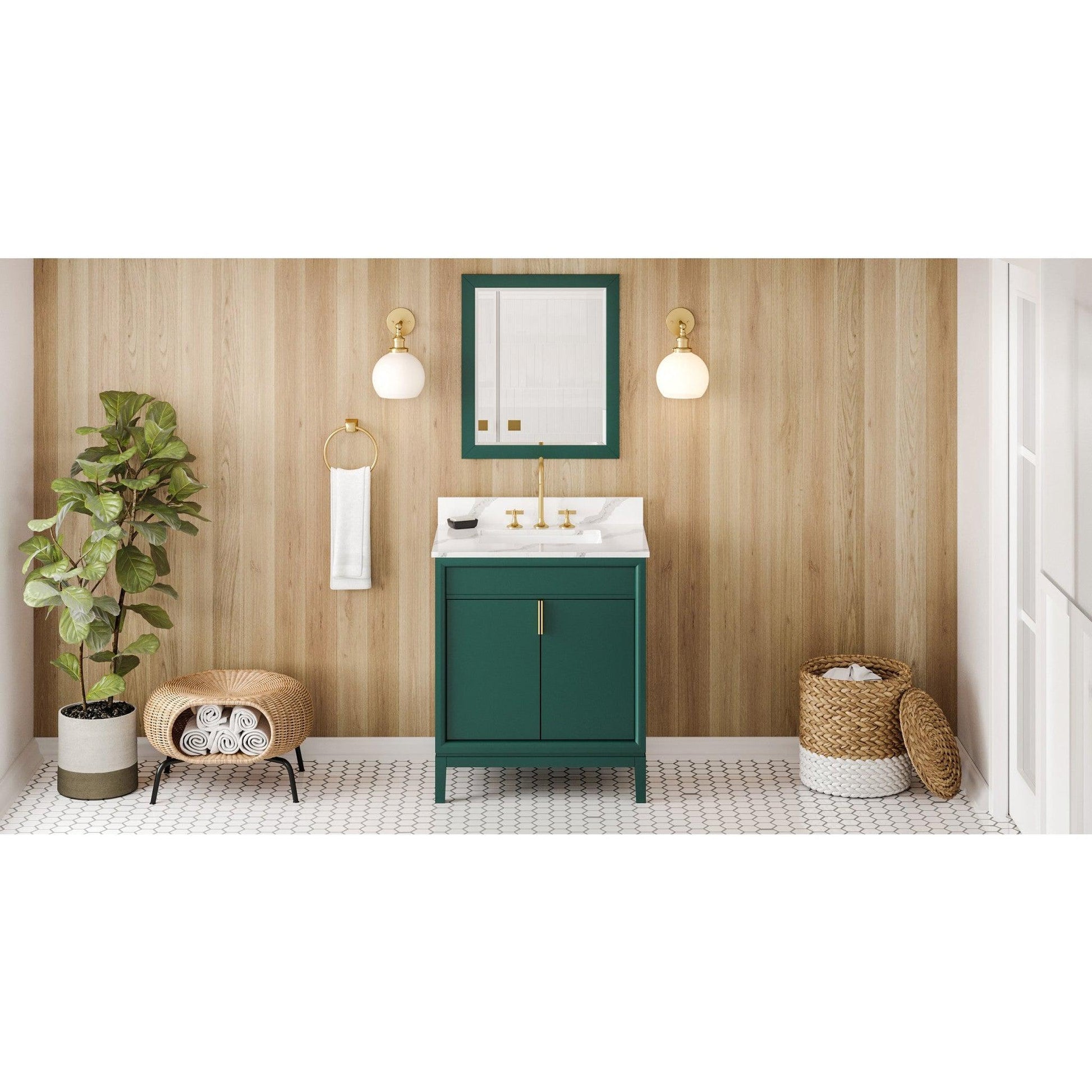 Hardware Resources Jeffrey Alexander Theodora 30" Green Freestanding Vanity With Calacatta Vienna Quartz Vanity Top, Backsplash and Rectangle Undermount Sink