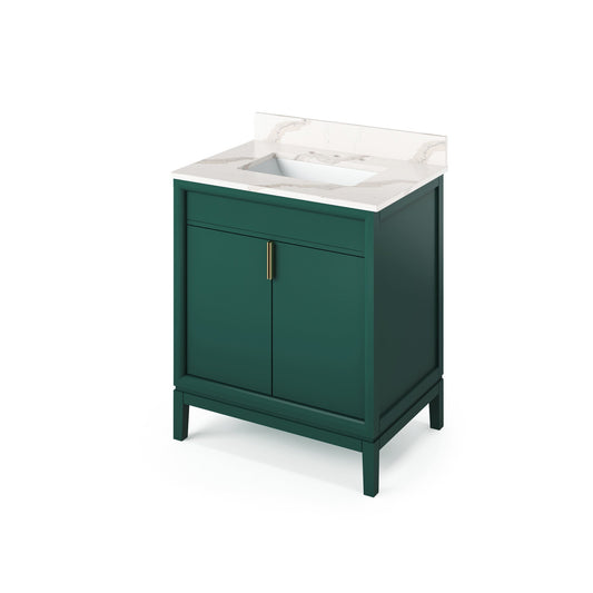 Hardware Resources Jeffrey Alexander Theodora 30" Green Freestanding Vanity With Calacatta Vienna Quartz Vanity Top, Backsplash and Rectangle Undermount Sink