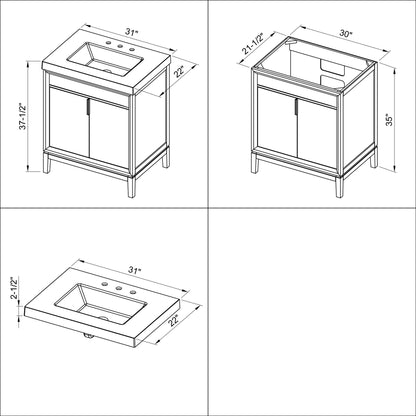 Hardware Resources Jeffrey Alexander Theodora 30" Green Freestanding Vanity With Lavante Cultured Marble Vessel Vanity Top, Backsplash and Rectangle Undermount Sink