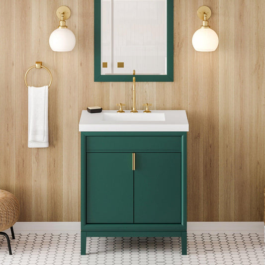 Hardware Resources Jeffrey Alexander Theodora 30" Green Freestanding Vanity With Lavante Cultured Marble Vessel Vanity Top, Backsplash and Rectangle Undermount Sink