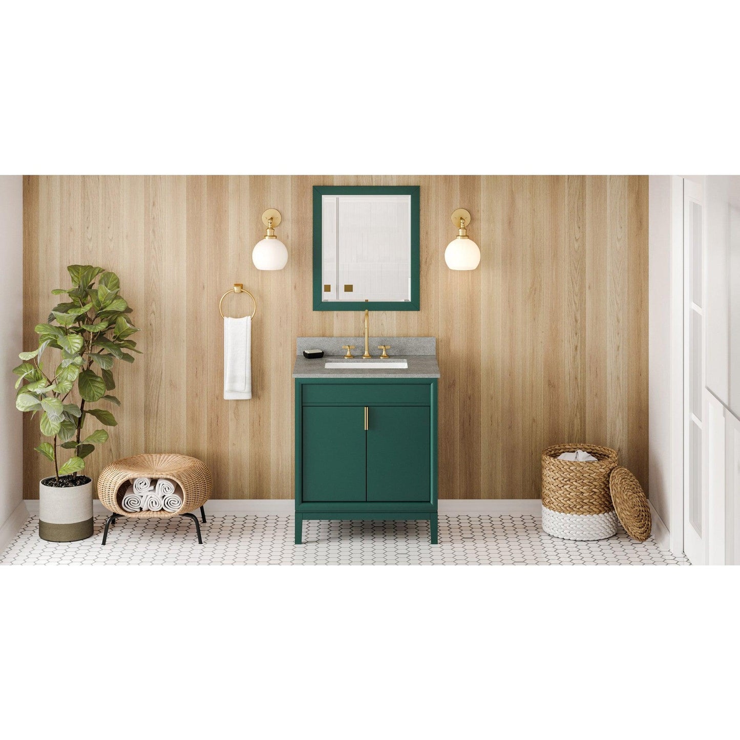 Hardware Resources Jeffrey Alexander Theodora 30" Green Freestanding Vanity With Steel Gray Cultured Marble Vanity Top, Backsplash and Rectangle Undermount Sink