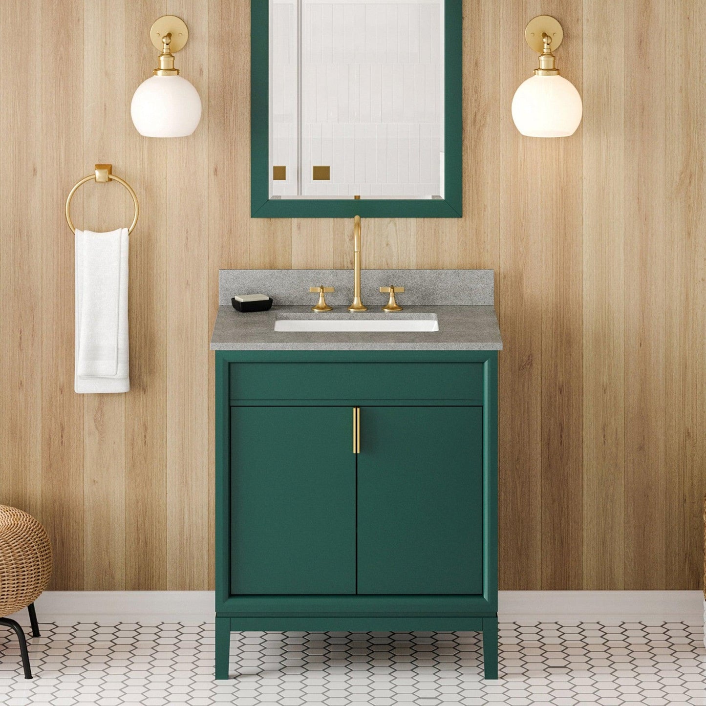 Hardware Resources Jeffrey Alexander Theodora 30" Green Freestanding Vanity With Steel Gray Cultured Marble Vanity Top, Backsplash and Rectangle Undermount Sink