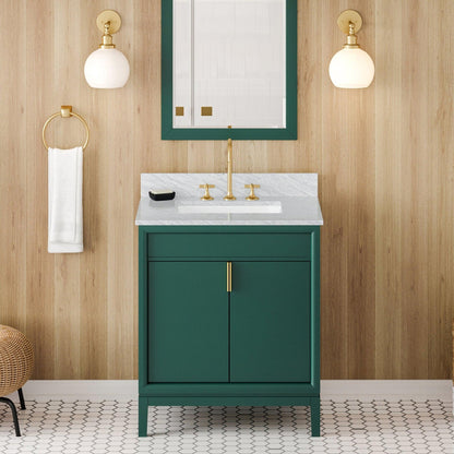 Hardware Resources Jeffrey Alexander Theodora 30" Green Freestanding Vanity With White Carrara Marble Vanity Top, Backsplash and Rectangle Undermount Sink