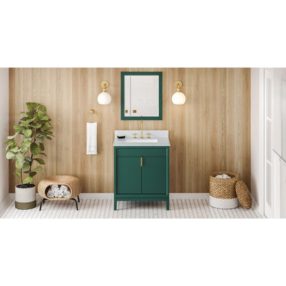 Hardware Resources Jeffrey Alexander Theodora 30" Green Freestanding Vanity With White Carrara Marble Vanity Top, Backsplash and Rectangle Undermount Sink