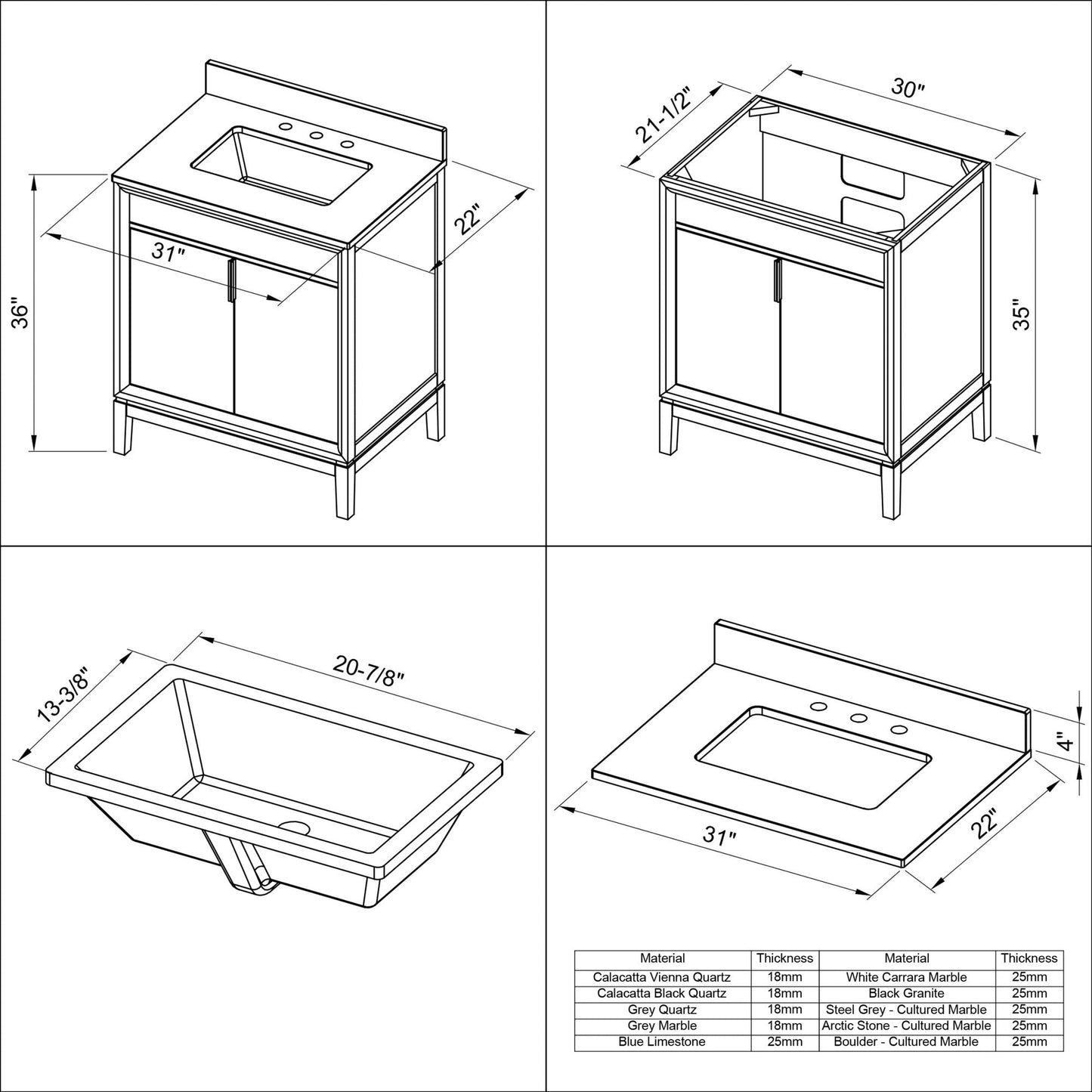 Hardware Resources Jeffrey Alexander Theodora 30" Green Freestanding Vanity With White Carrara Marble Vanity Top, Backsplash and Rectangle Undermount Sink