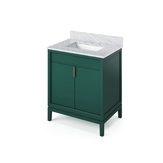 Hardware Resources Jeffrey Alexander Theodora 30" Green Freestanding Vanity With White Carrara Marble Vanity Top, Backsplash and Rectangle Undermount Sink