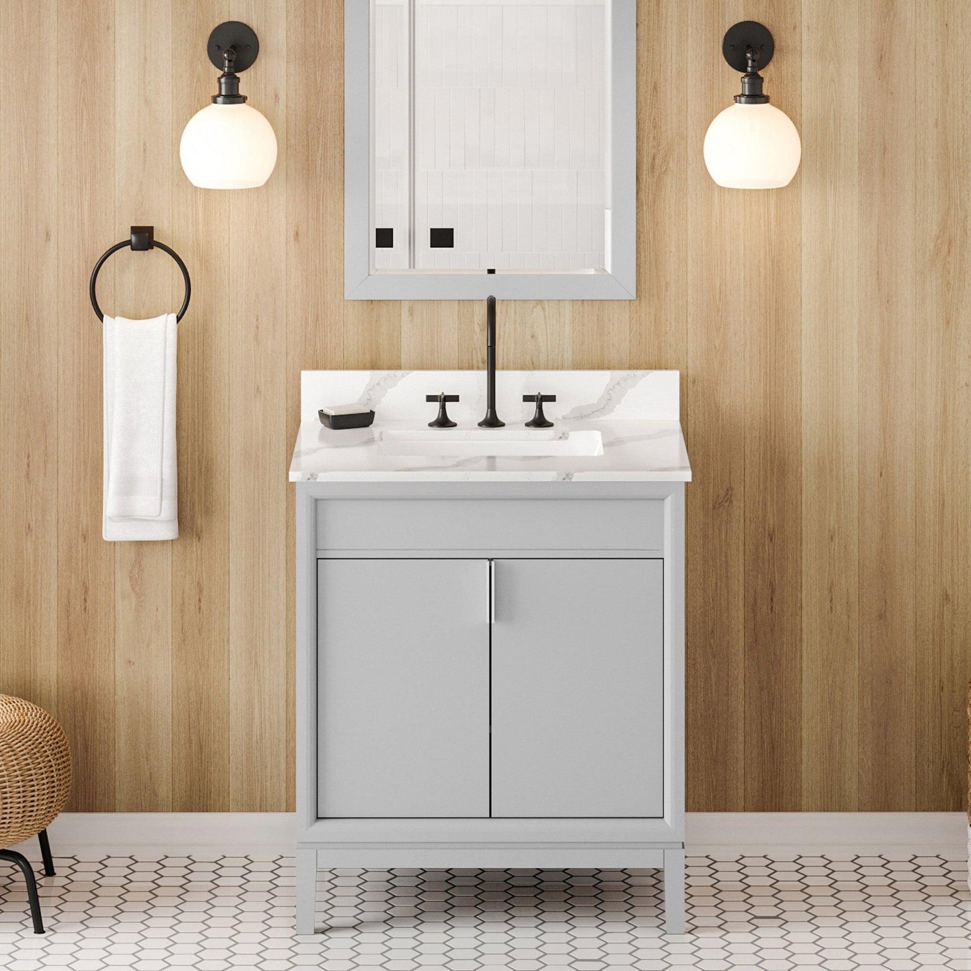 Hardware Resources Jeffrey Alexander Theodora 30" Grey Freestanding Vanity With Calacatta Vienna Quartz Vanity Top, Backsplash and Rectangle Undermount Sink