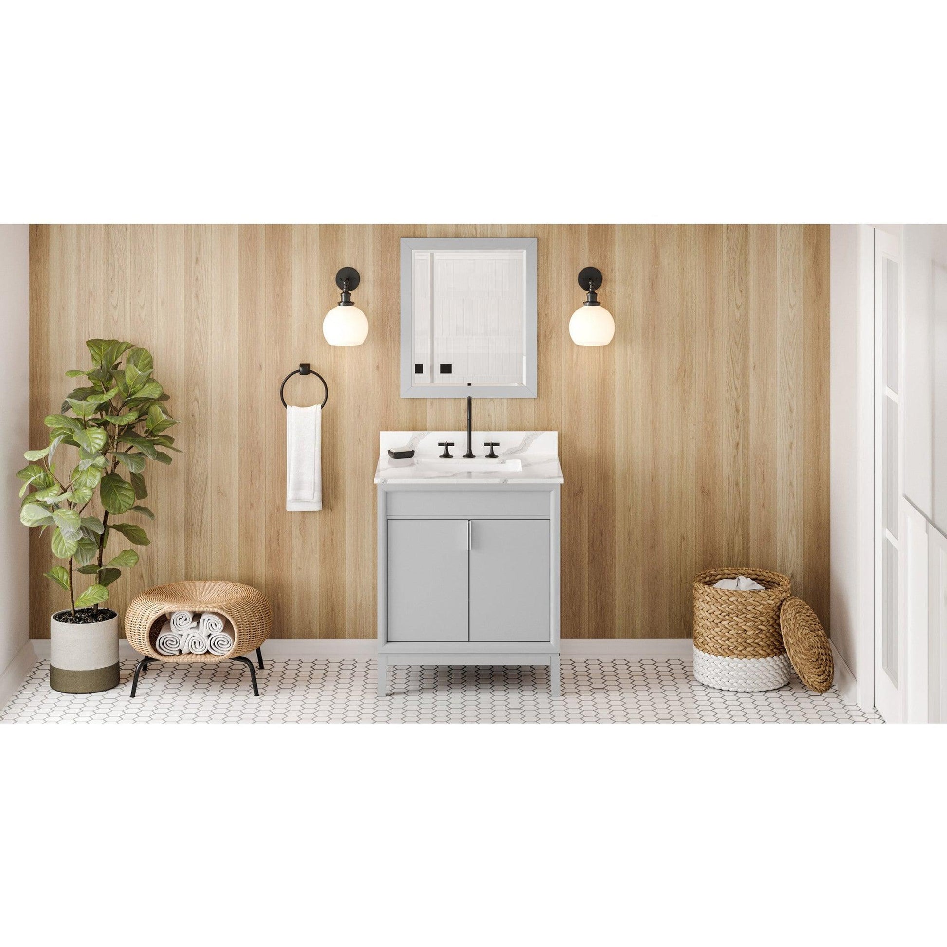 Hardware Resources Jeffrey Alexander Theodora 30" Grey Freestanding Vanity With Calacatta Vienna Quartz Vanity Top, Backsplash and Rectangle Undermount Sink