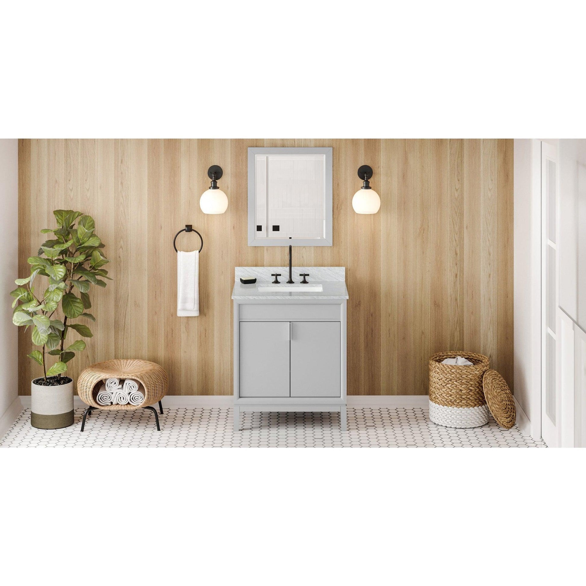 Hardware Resources Jeffrey Alexander Theodora 30" Grey Freestanding Vanity With White Carrara Marble Vanity Top, Backsplash and Rectangle Undermount Sink