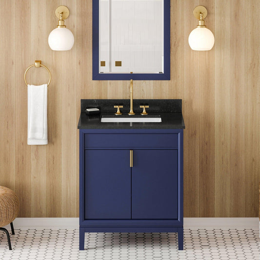 Hardware Resources Jeffrey Alexander Theodora 30" Hale Blue Freestanding Vanity With Black Granite Vanity Top, Backsplash and Rectangle Undermount Sink